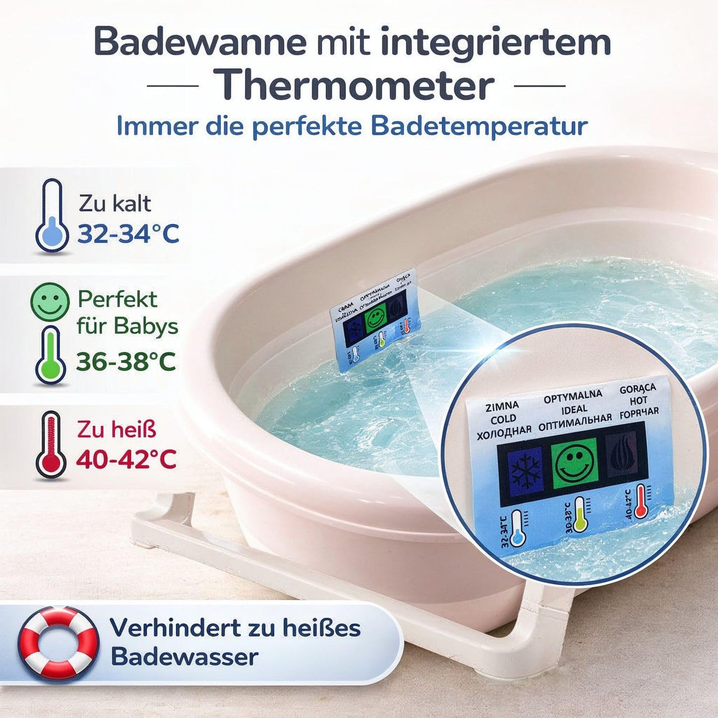 Faltbare Babybadewanne mit Abfluss & Thermometer, Peach Badewanne