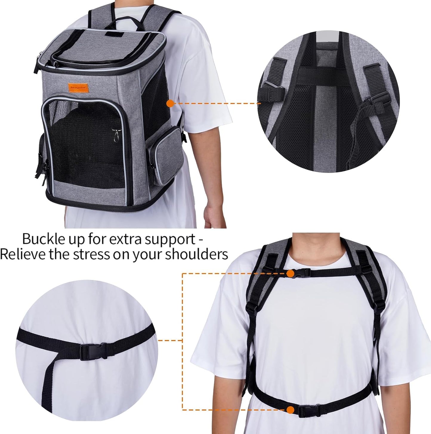 Atmungsaktiver Haustier-Rucksack, hellgrau 33L x 28B x 42H cm