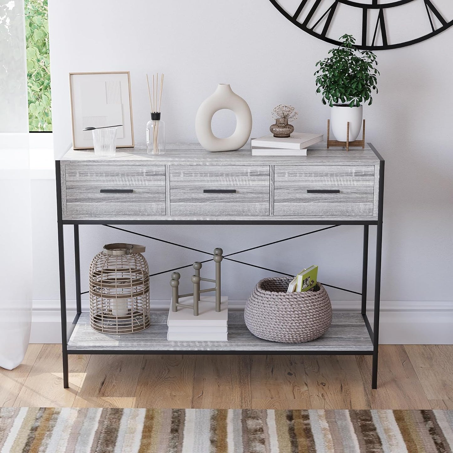 Brooklyn Konsolentisch mit 3 Schubladen, Grau, 3 Drawer