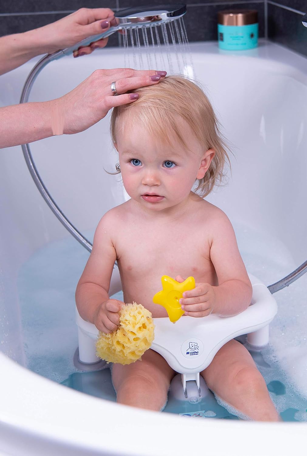 Rutschfester Baby-Badewannensitz mit Kindersicherung, Rotho Babydesign Badesitz - Badesitz - Babybadesitz - Badewannensitz - Babywanne - rutschfest -weiss
