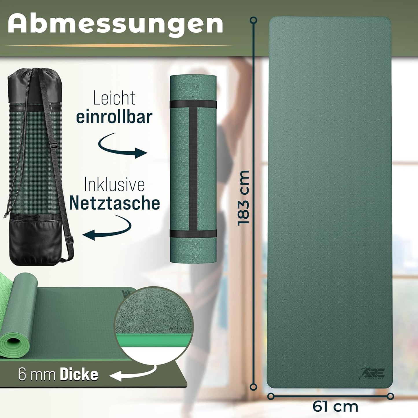 Yogamatte Phthalatfrei rutschfest 183x61x0,6 cm, Dunkelgrün / Limette