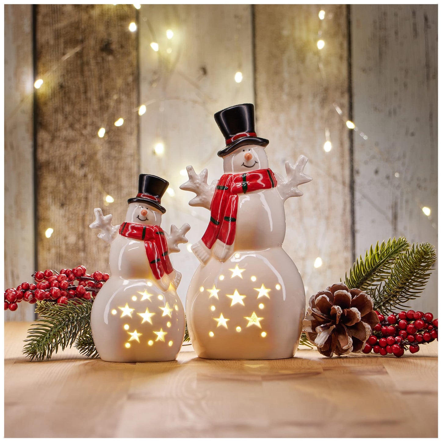 2er-Set LED-Schneemann-Leuchtfiguren, 02 Stück - Keramik Schneemann - Timer