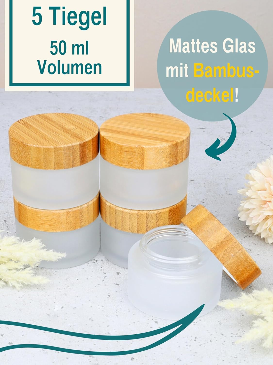 Leere Glastiegel mit Bambusdeckel, 5x 50 ml, 50ml | 5 Stück Milchglas mit Bambusdeckel