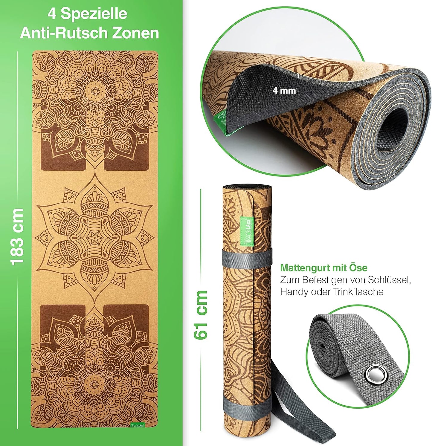 Rutschfeste Yogamatte Kork mit Naturkautschuk, inkl. Tragegurt, ACHTSAMKEIT