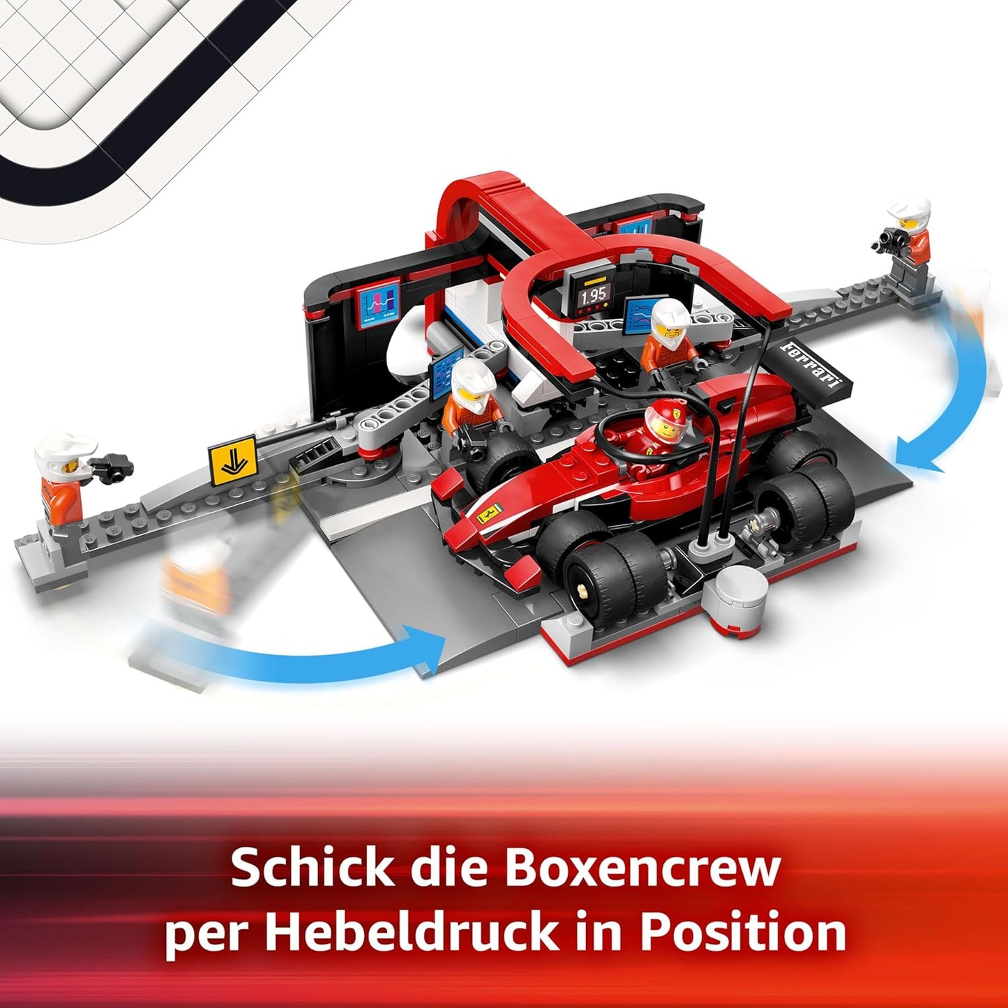 F1 Boxenstopp mit Boxencrew und Ferrari Flitzer