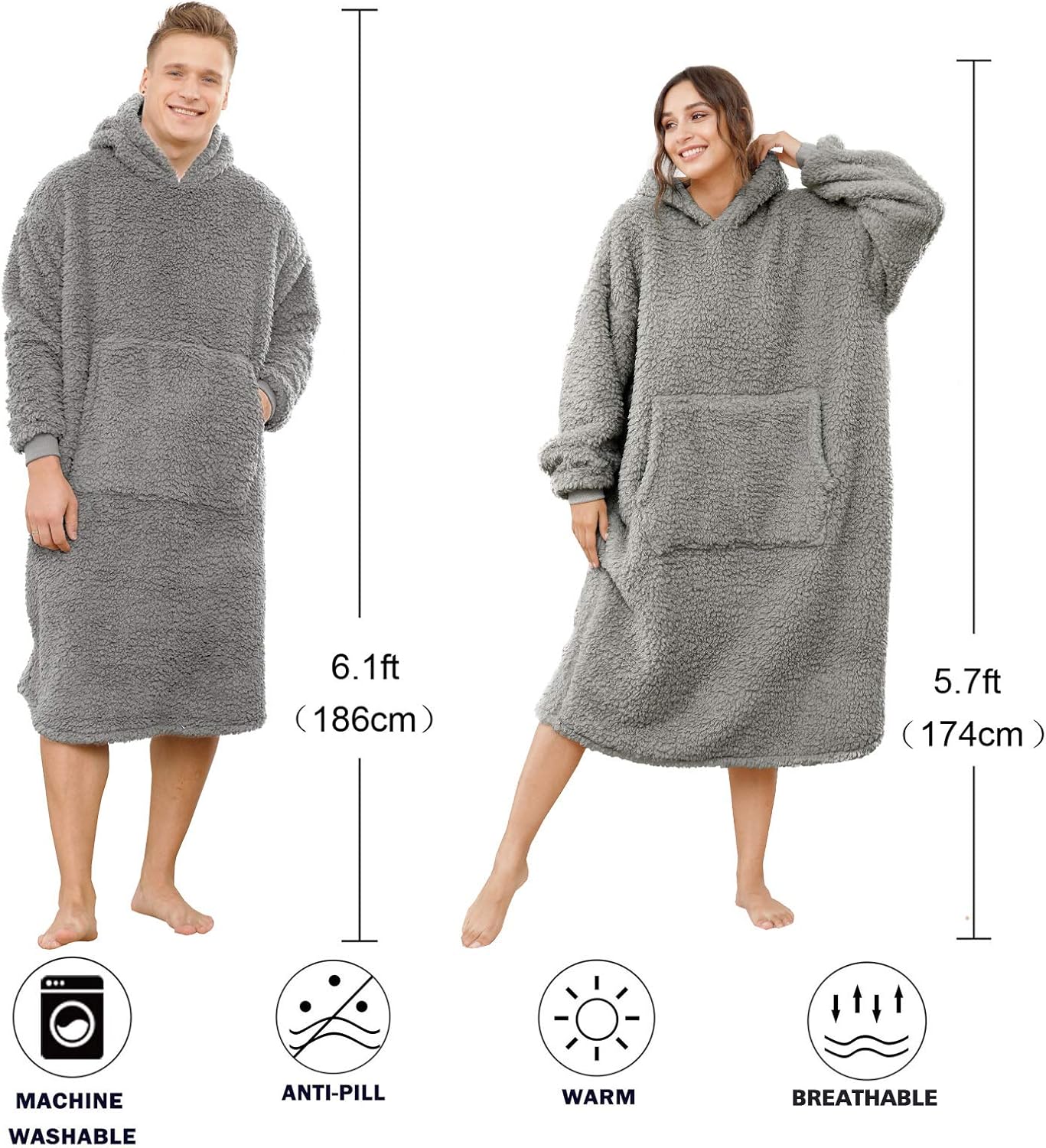 Übergrosse Sherpa-Decke mit Kapuze, Einheitsgröße Grau