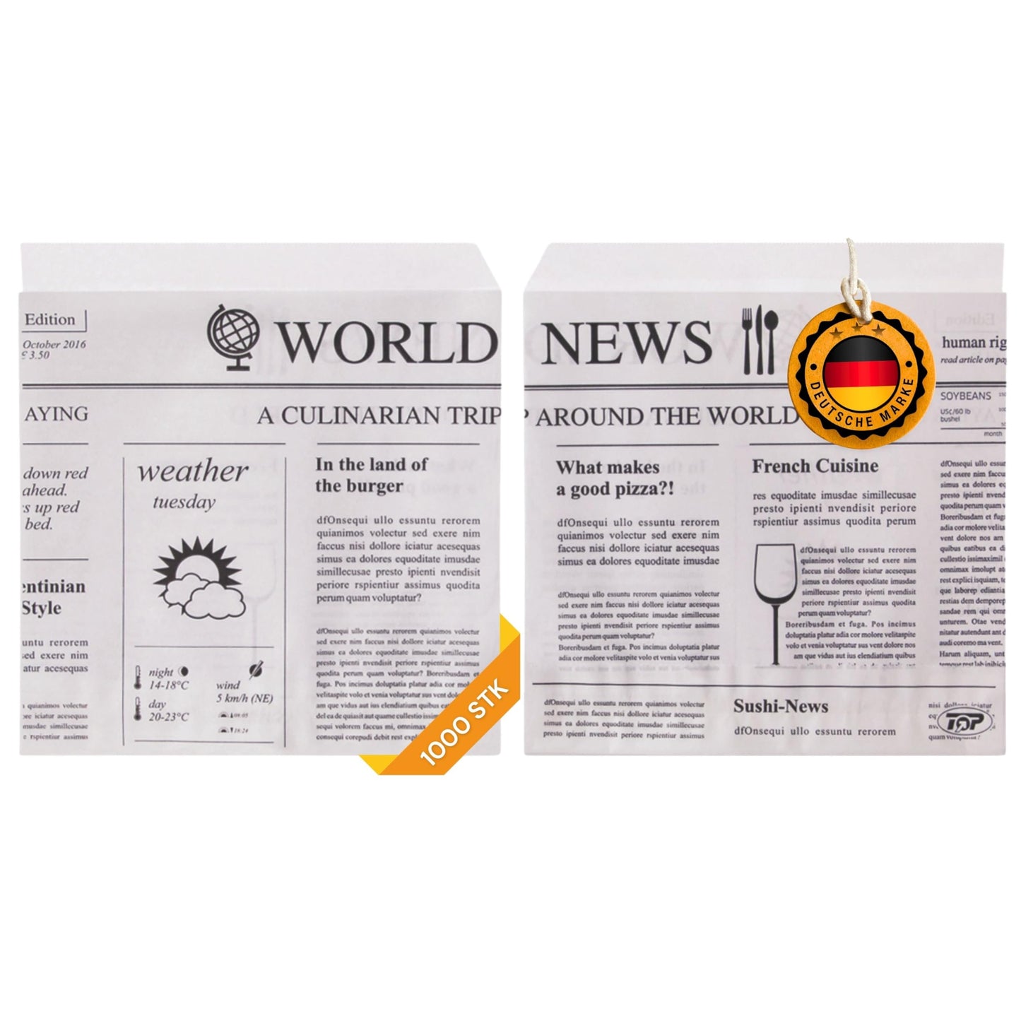 Snack- & Hamburgertaschen Newspaper, 2-seitig offen, Weiss 1000