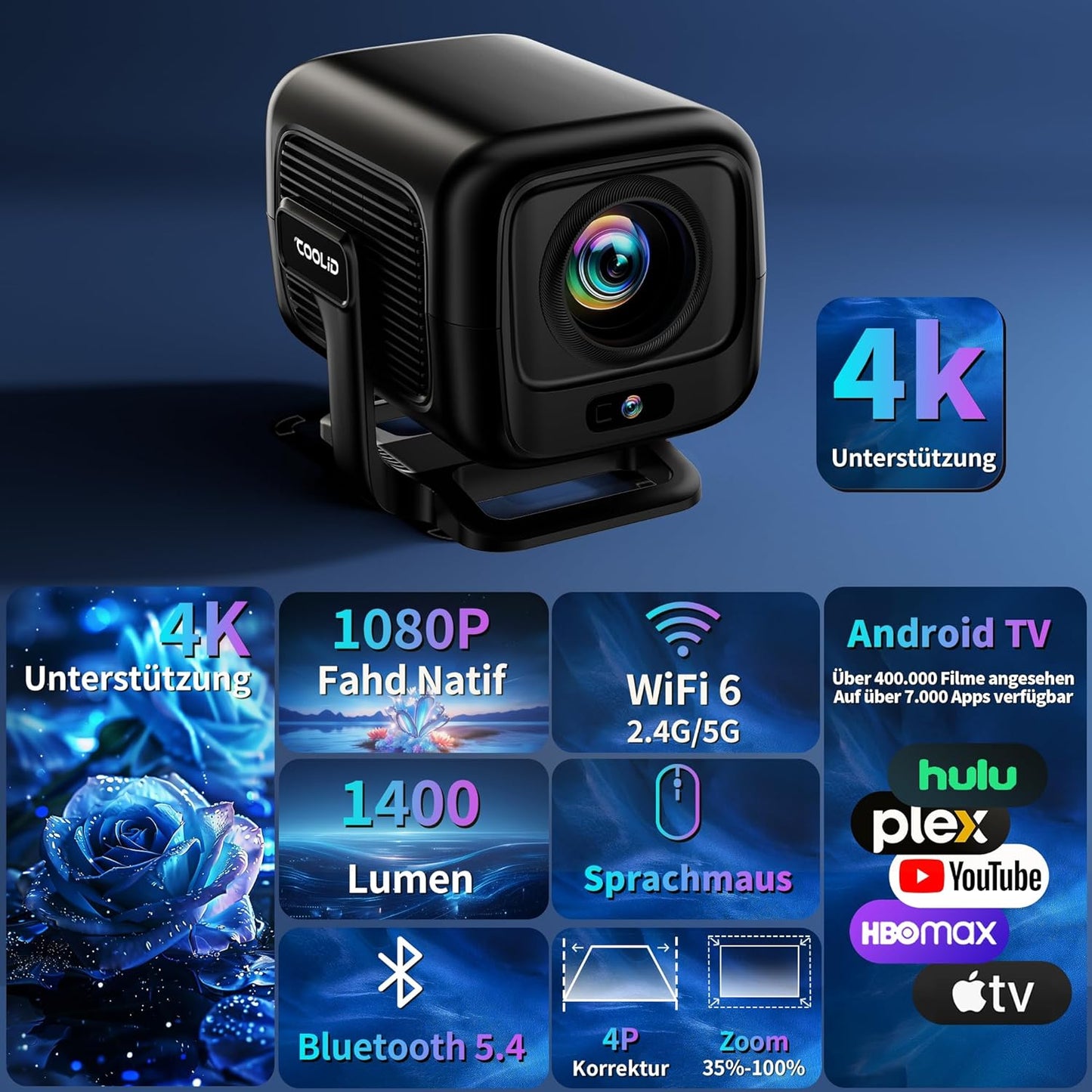 4K Autofokus Projektor C3 mit 5G WiFi und BT 5.4, Black-C3