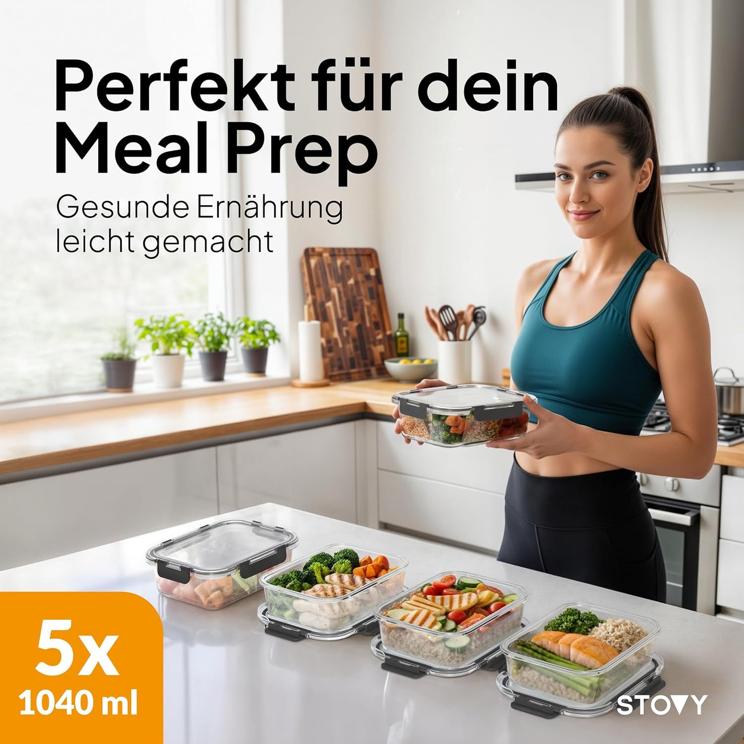 Meal Prep Glasbehälter-Set mit Deckel (5x 1040ml)