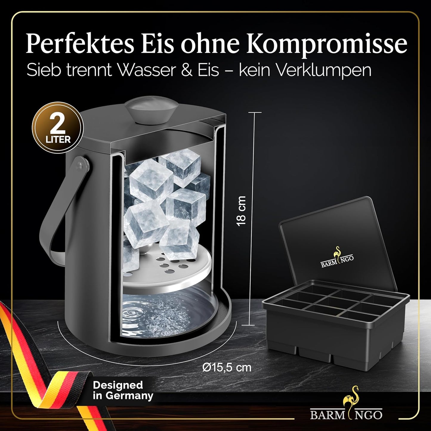 Eiswürfelbehälter mit Deckel, 2000 ml Metallic-Schwarz