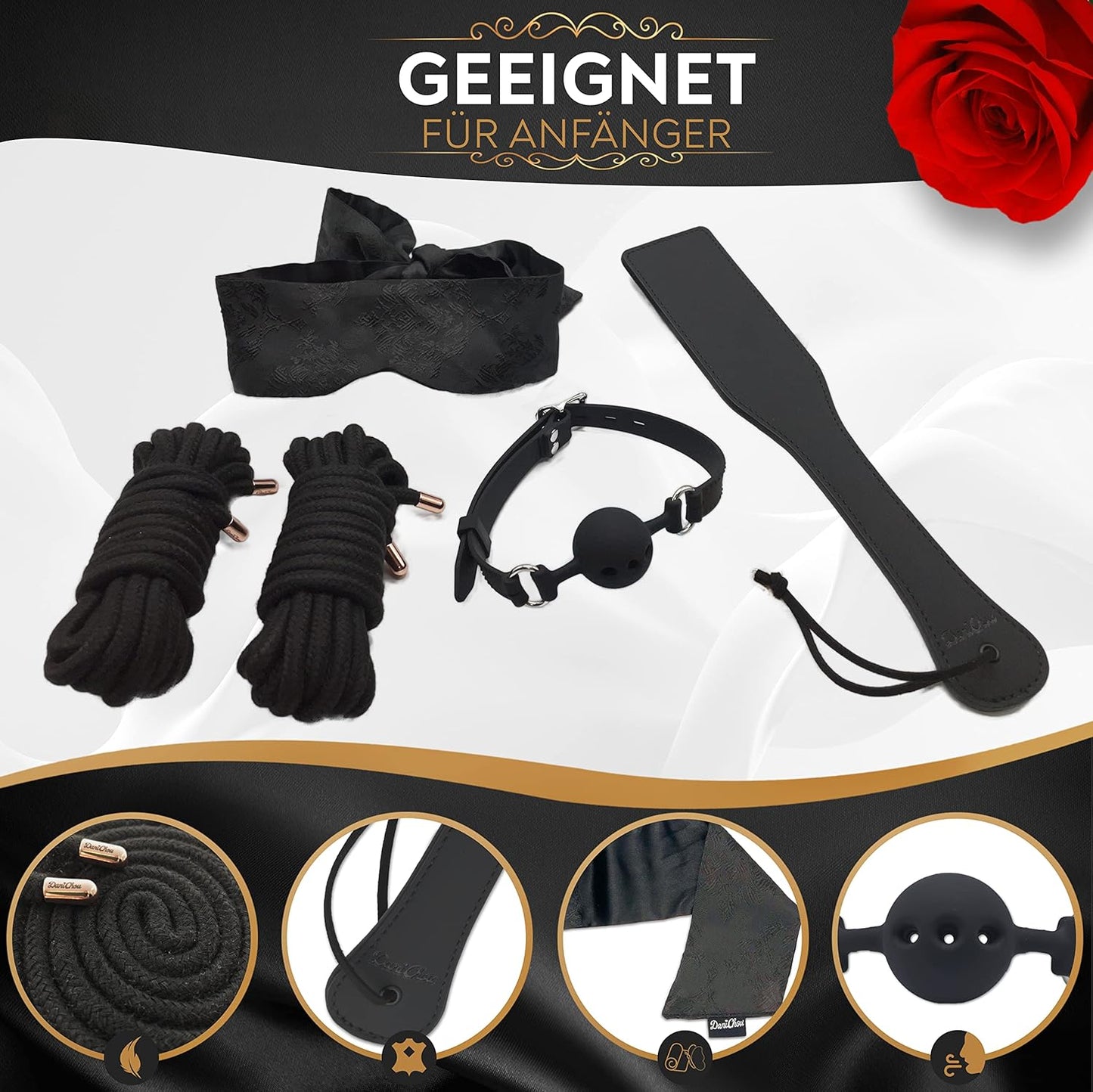 5-teiliges BDSM Bondage-Set mit Augenmaske, Ballknebel, Paddel & Bondage-Seil