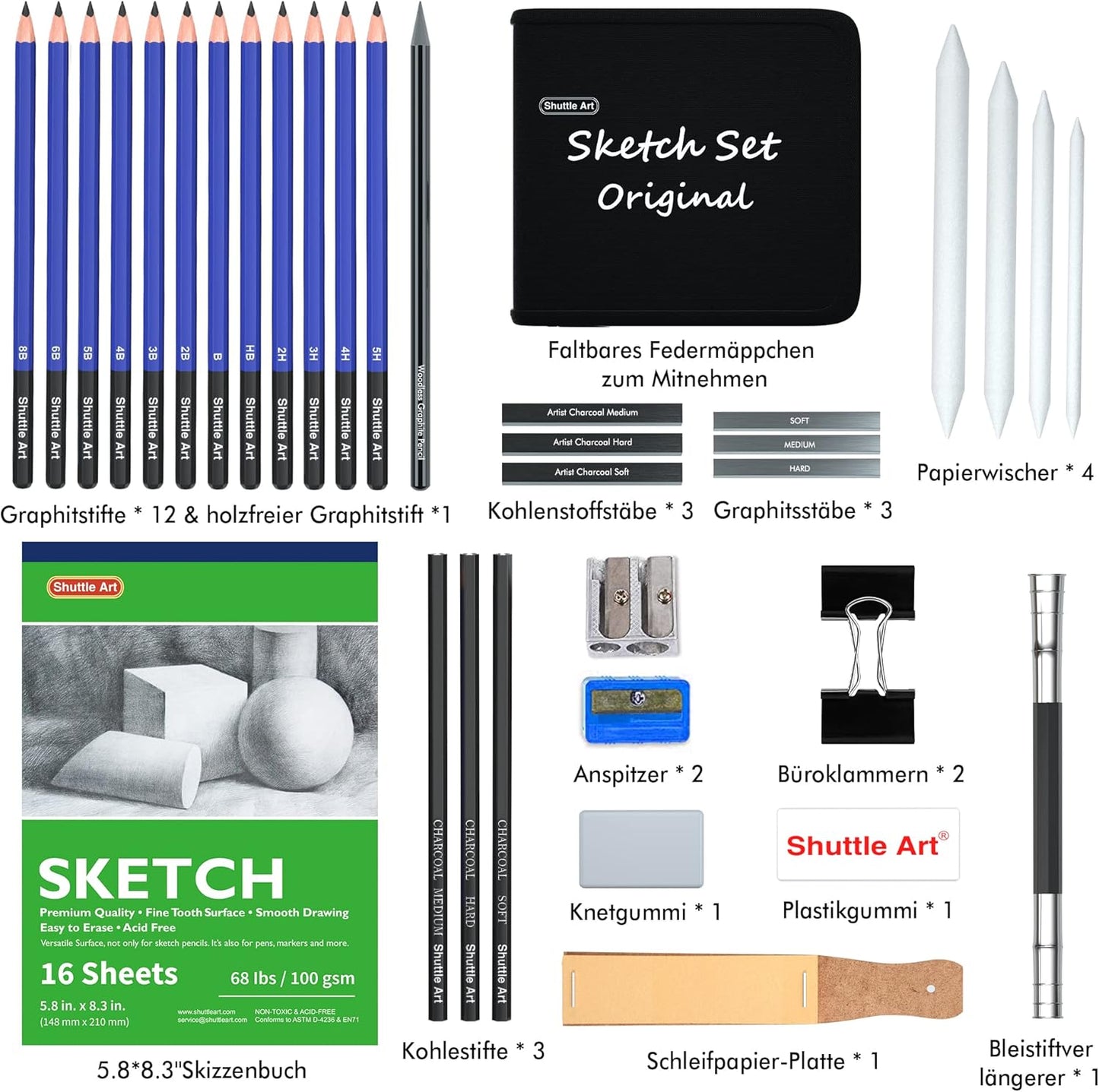 37-teiliges Zeichenstifte Set inkl. Tasche und Skizzenbuch