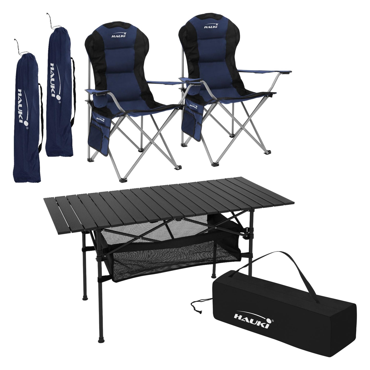 3-teiliges Campingmöbel-Set faltbar, mit Tragetasche, Campingtisch Schwarz 2x Campingstuhl Blau