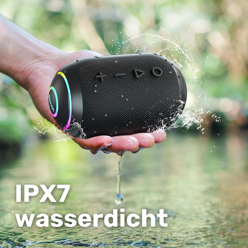 Wasserdichter Bluetooth Lautsprecher mit LED-Licht, 2,400mAH Schwarz