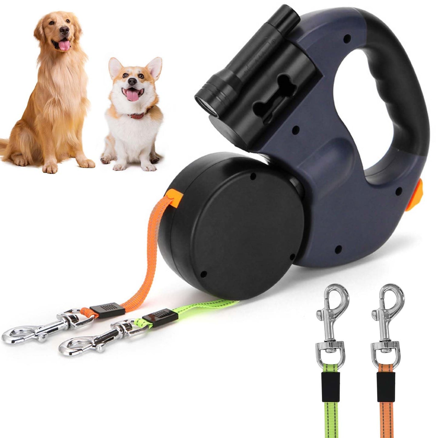 Doppelte Einziehbare Hundeleine mit LED Licht und Kotbeutelorganizer, 3m, Blau