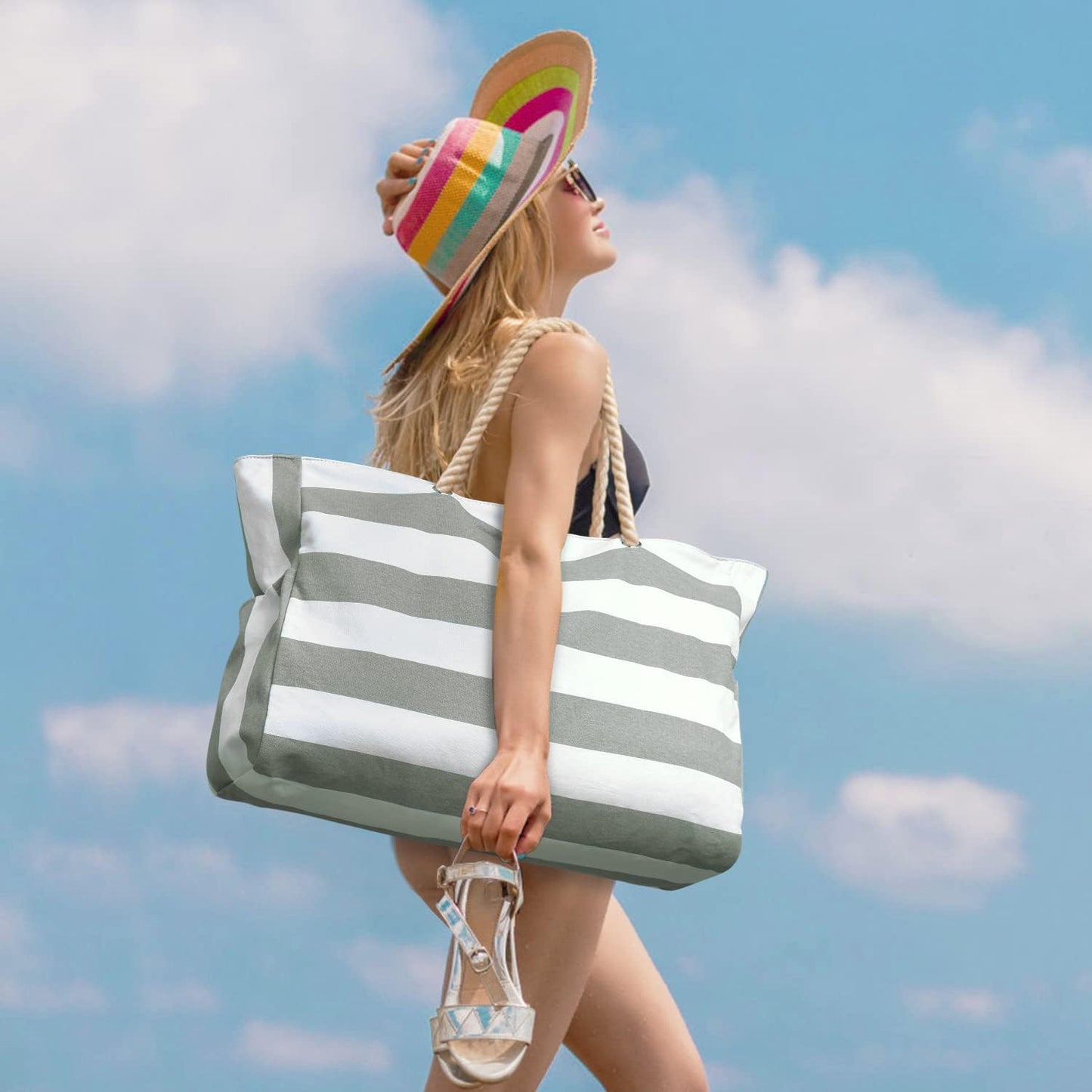 Wasserdichte Strandtasche mit Reissverschluss, Hellgrau