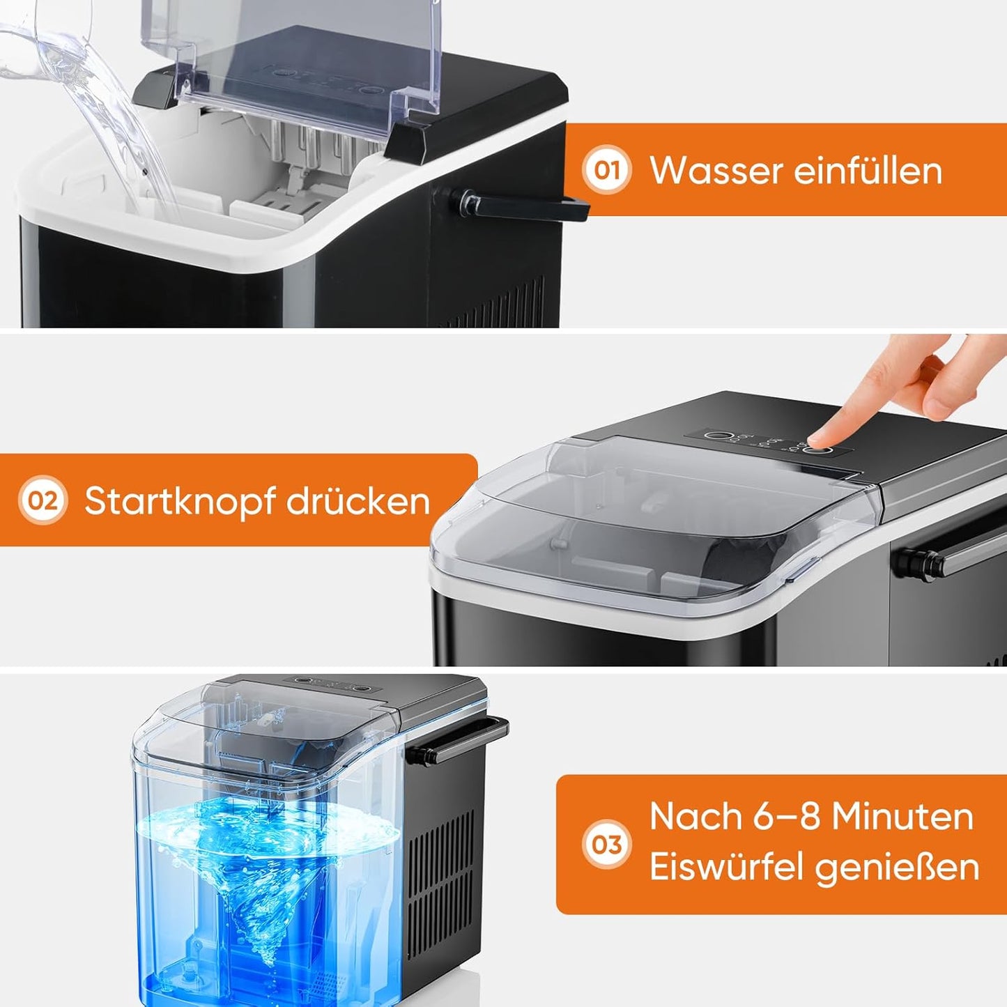 Eiswürfelmaschine mit Tragegriff, selbstreinigend, Schwarz