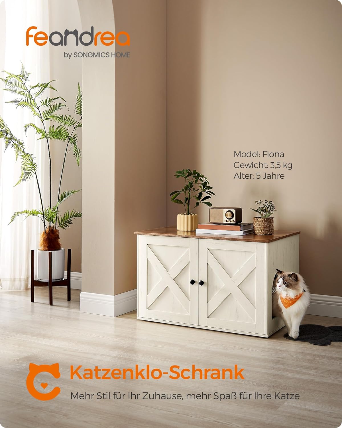 Katzenklo-Schrank mit Trennwand, 53T x 80B cm Honigbraun + Vintageweiss