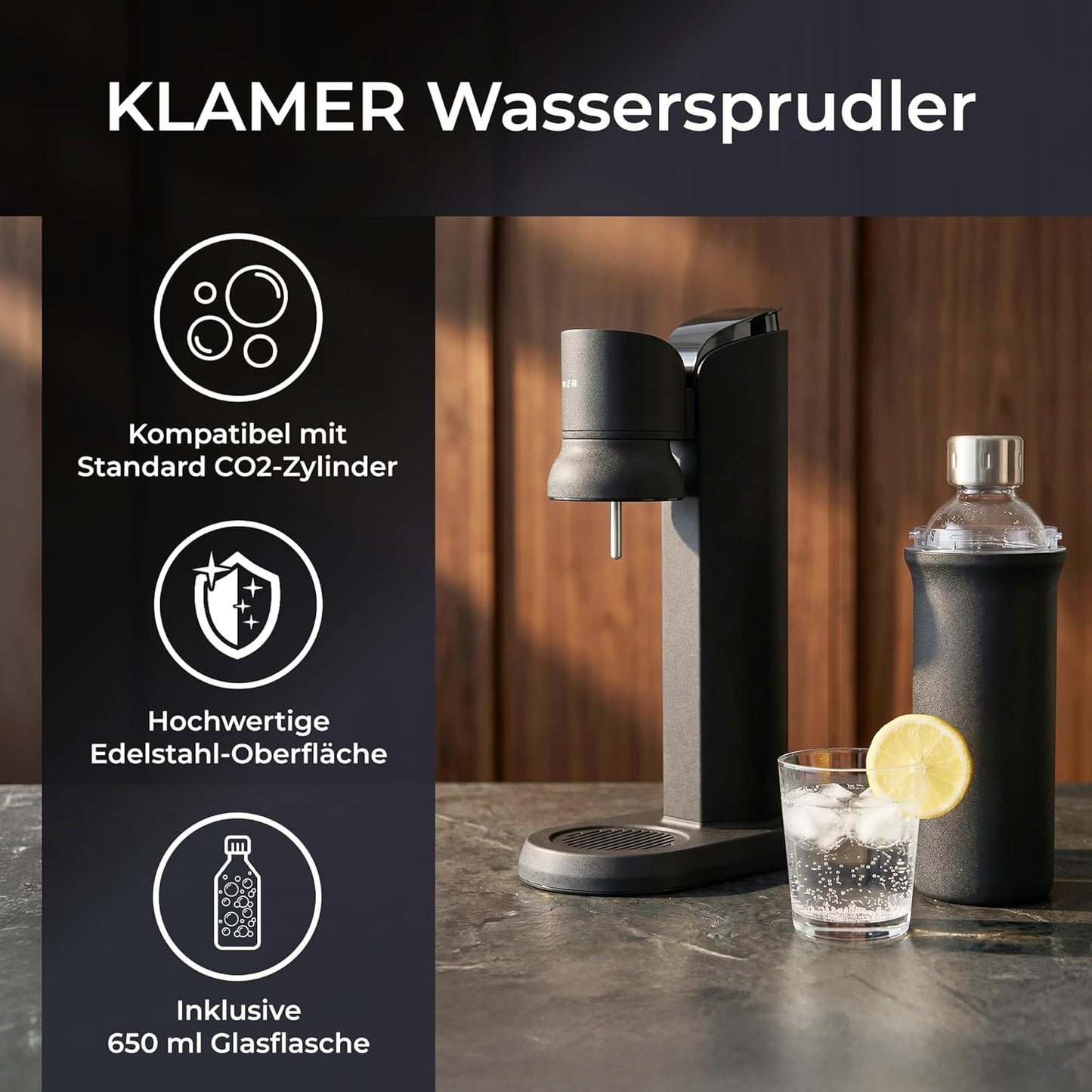Wassersprudler mit Glasflasche, Schwarz