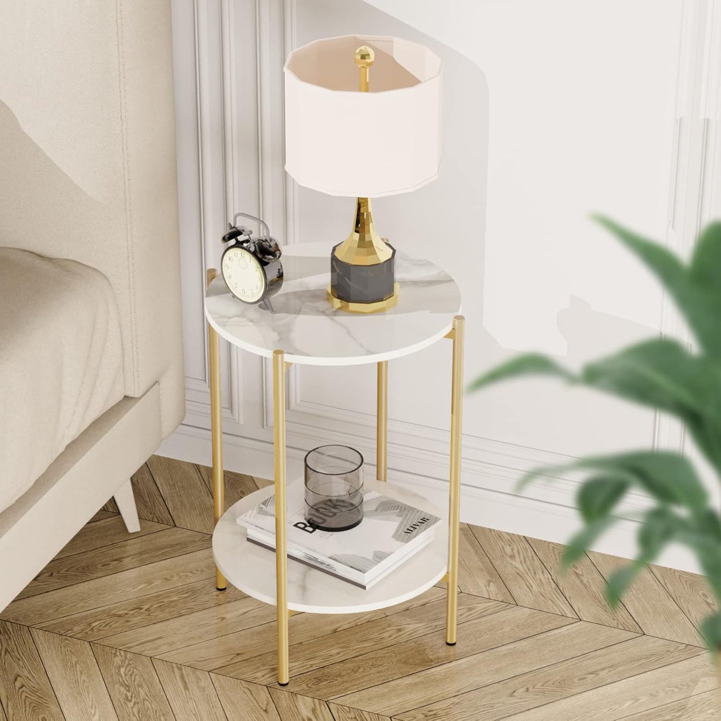 Runder Marmortisch mit 2 Ablagen, 40.5×40.5×55cm|Gold