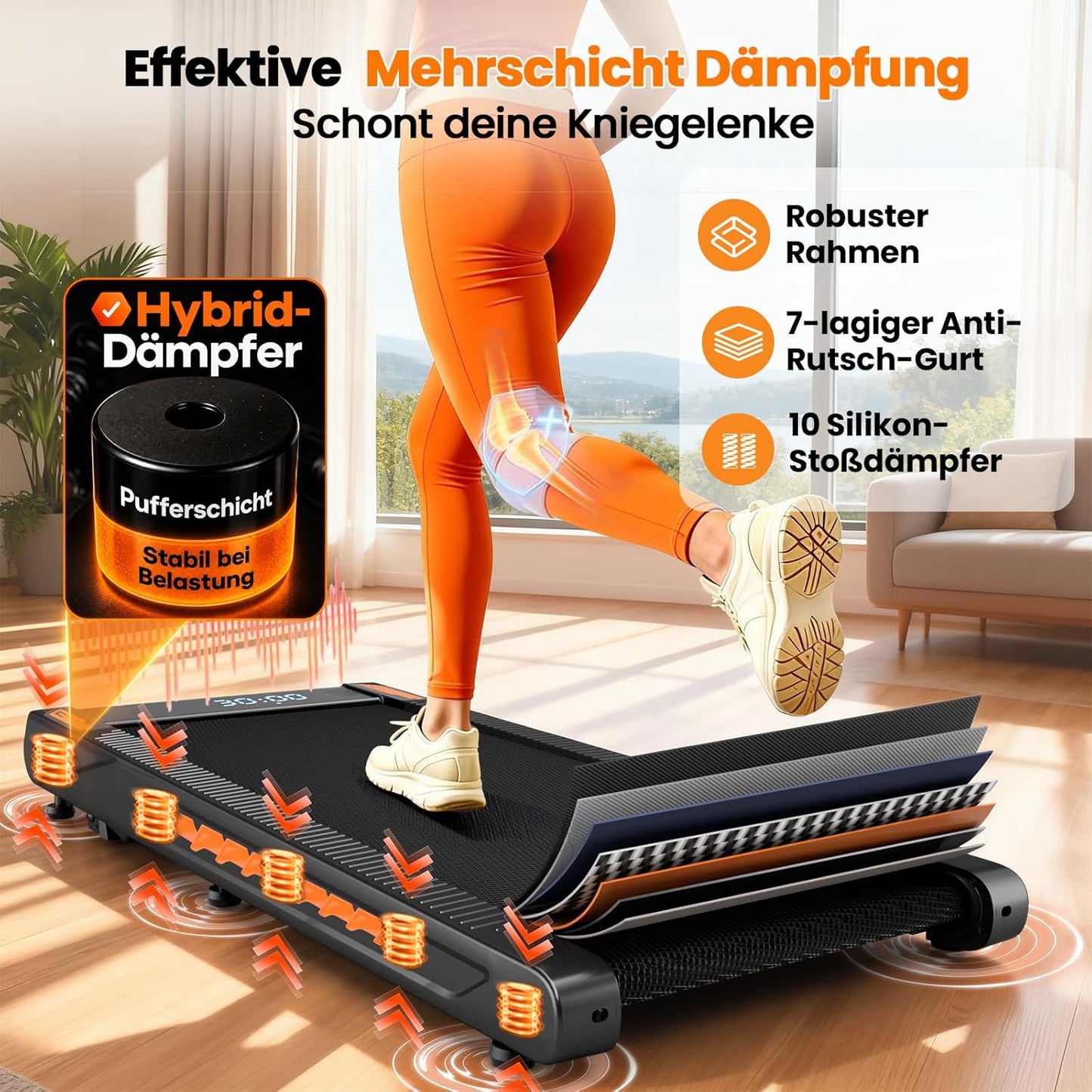 Walking Pad Laufband 10km/h mit Bluetooth Speaker, Schwarz-Dunkelorange