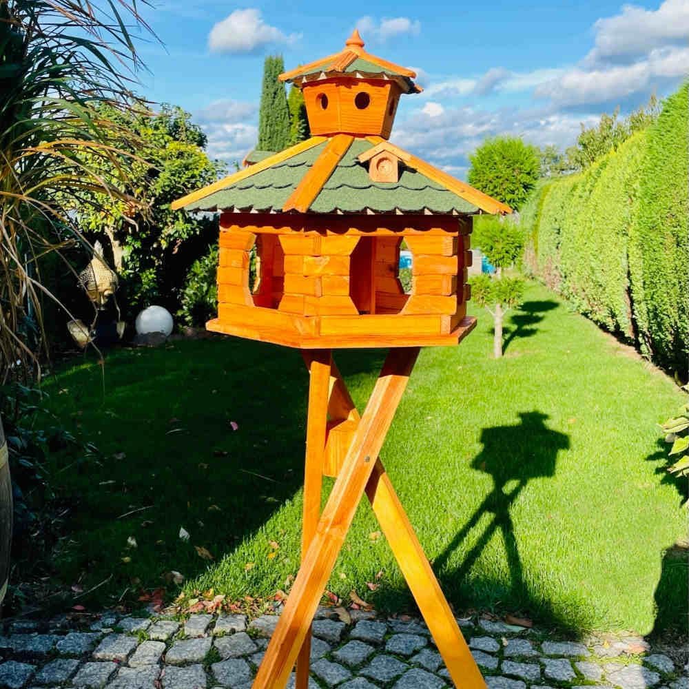 Sechseck Vogelhaus wetterfest XXL mit Ständer, Grösse XXL mit Ständer Grün - Braun