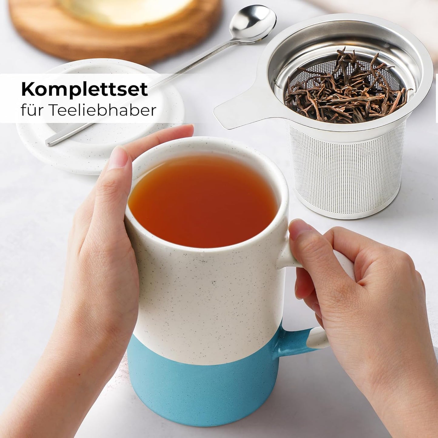 2er-Set Tee-Tassen mit Sieb und Löffel, Blau
