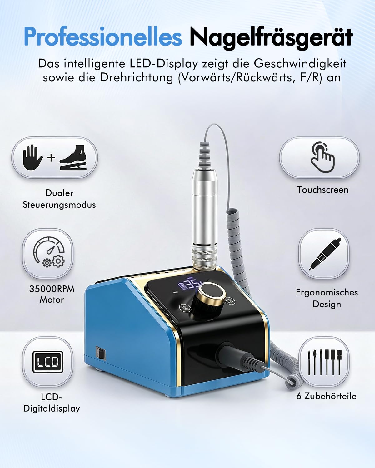 Elektrische Nagelfräsmaschine 35.000 U/min Set, Blau