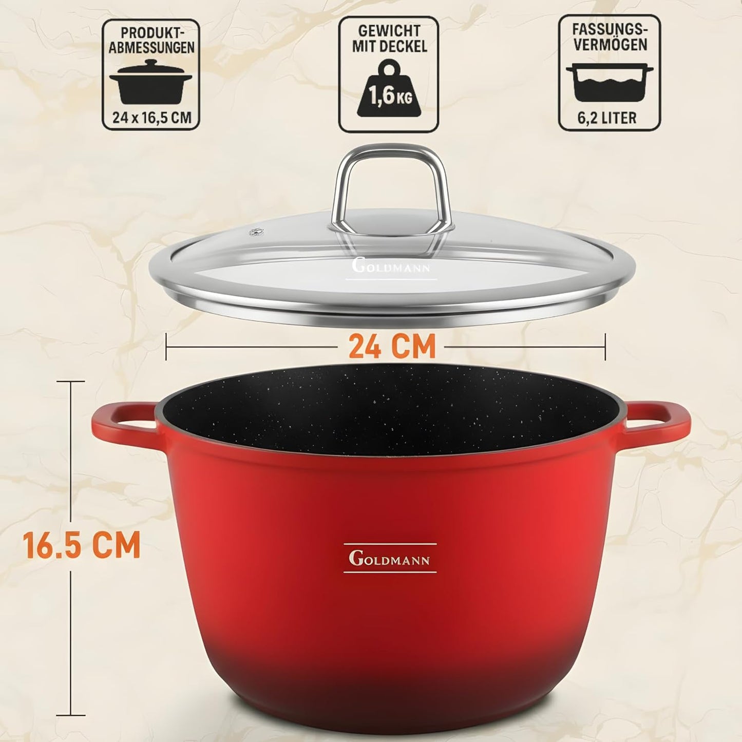 Aluguss-Kochtopf mit Glasdeckel, Rot 6.2L - Ø 24 CM