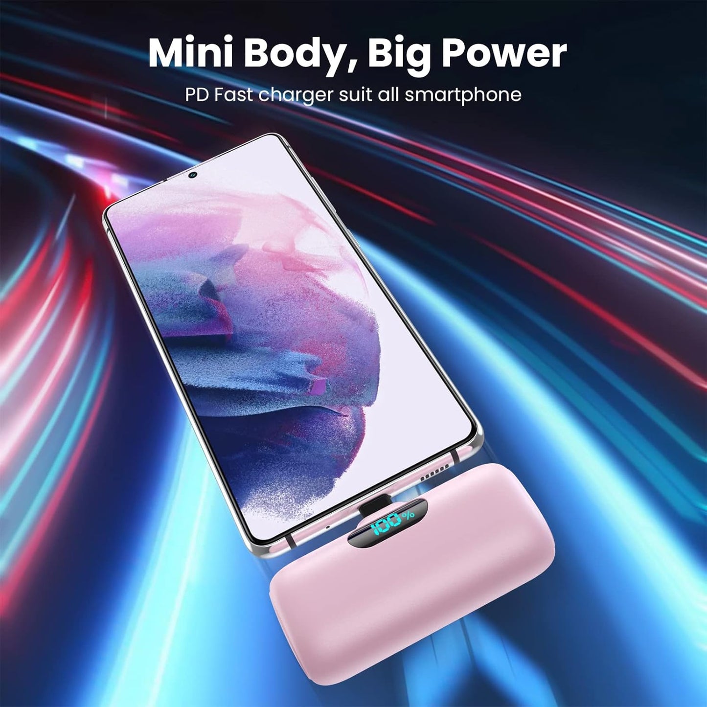 Mini Powerbank USB C mit LCD Display, Rosa