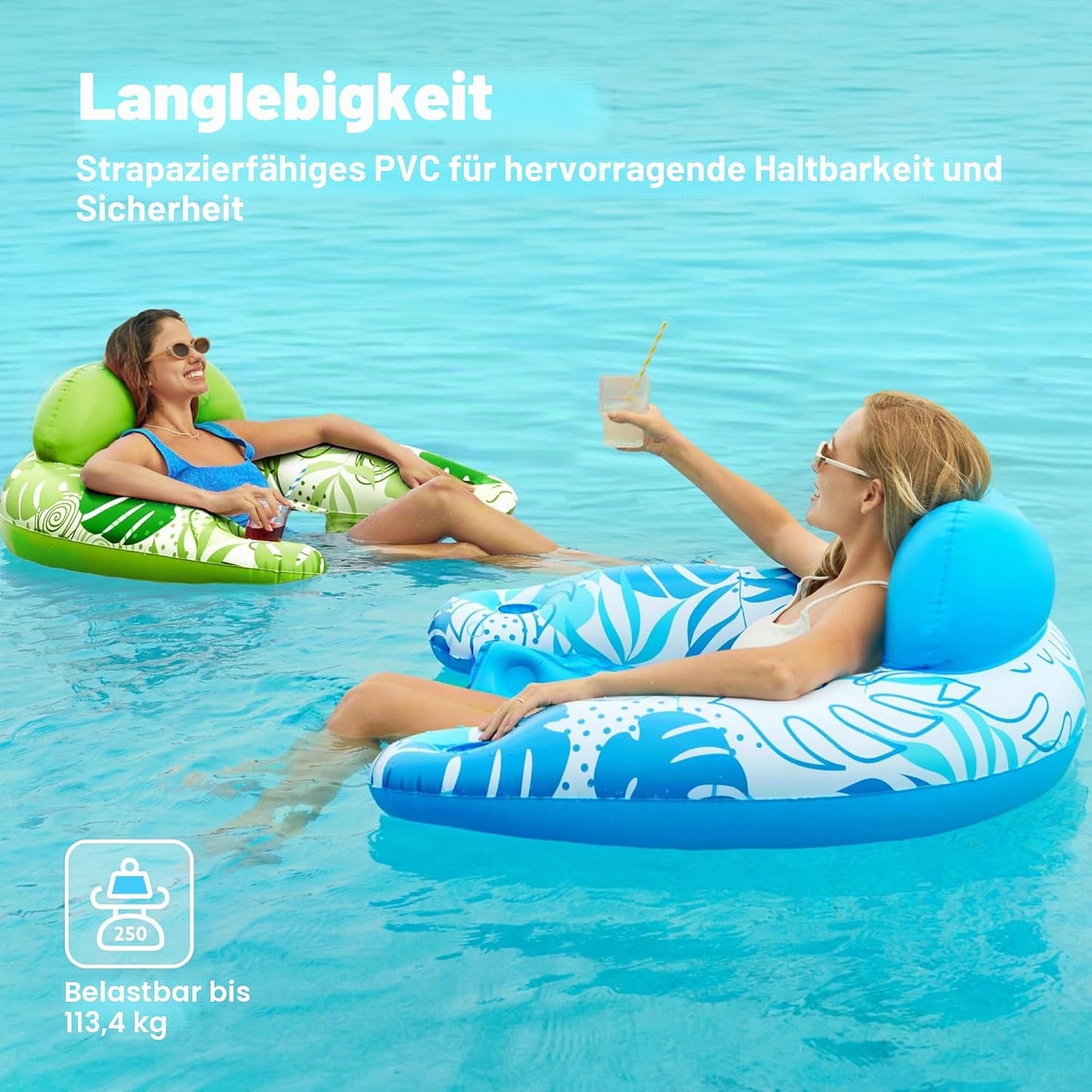 Aufblasbare Pool-Flösse mit Getränkehaltern, 2er-Set, Blau, Grün