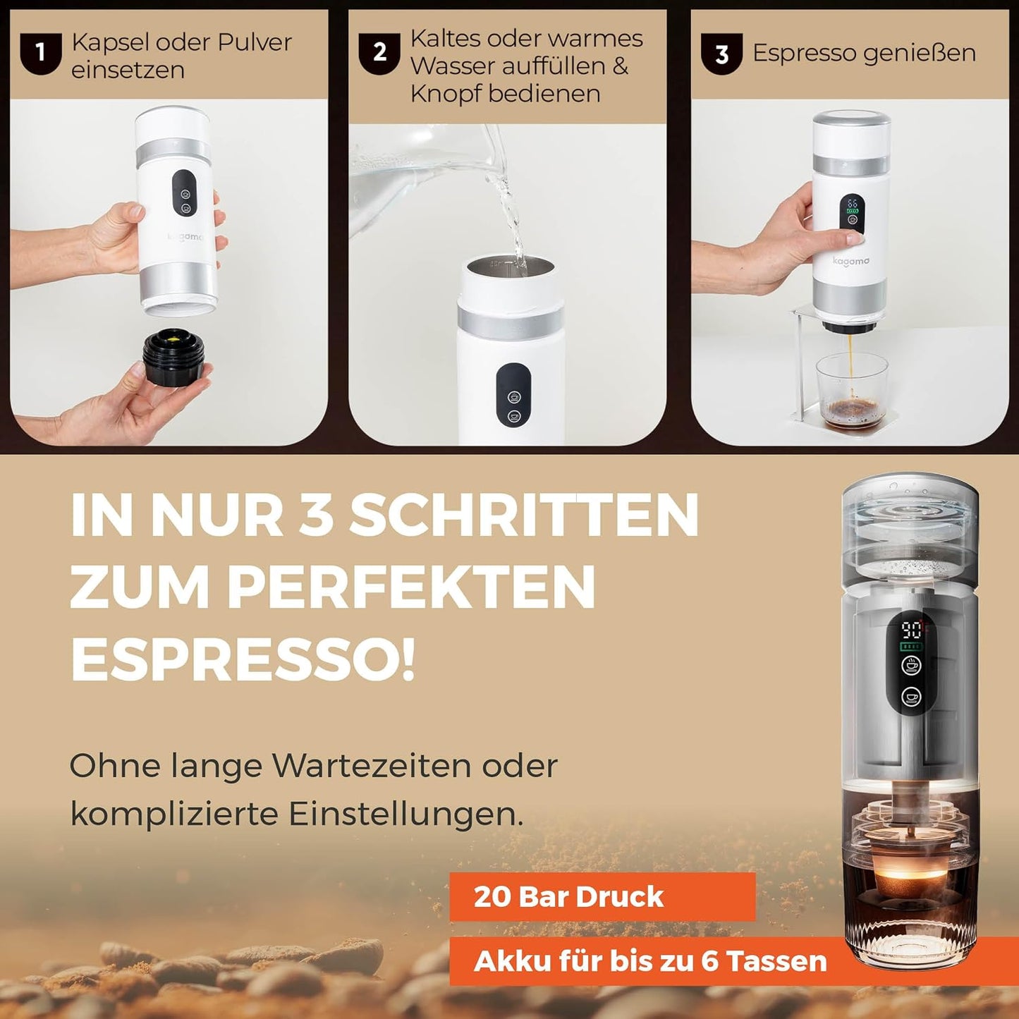 Tragbare Espressomaschine mit Akku, Weiss