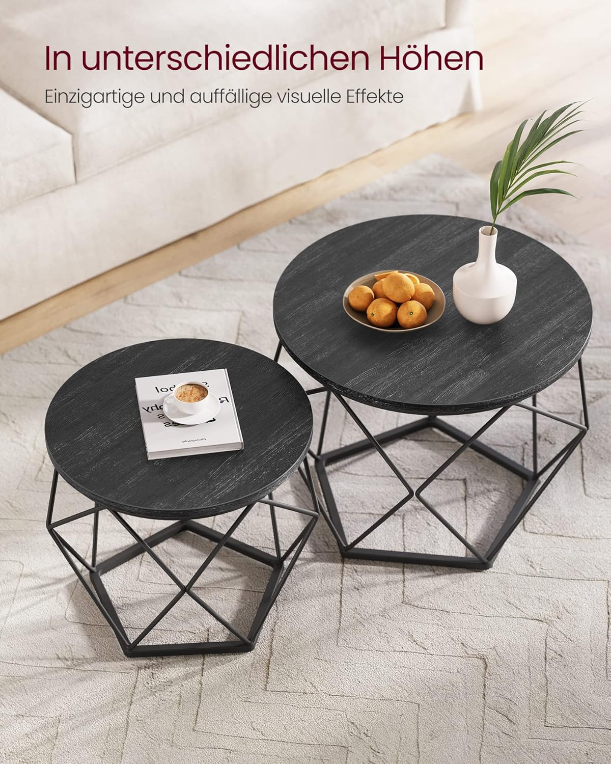 Runder Couchtisch 2er-Set mit abnehmbarer Platte, LCT041B22, 60 cm d, 45 cm H Tintenschwarz