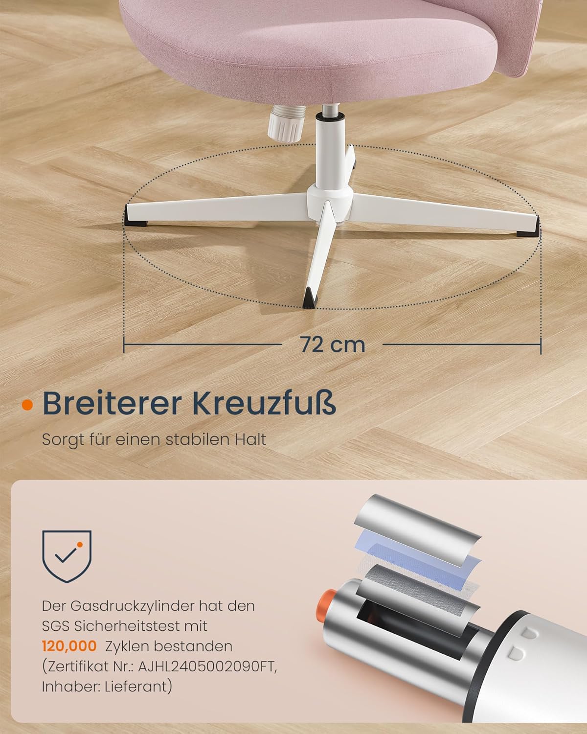 Höhenverstellbarer Schneidersitz-Schreibtischstuhl, Pastellrosa Ohne Rädern