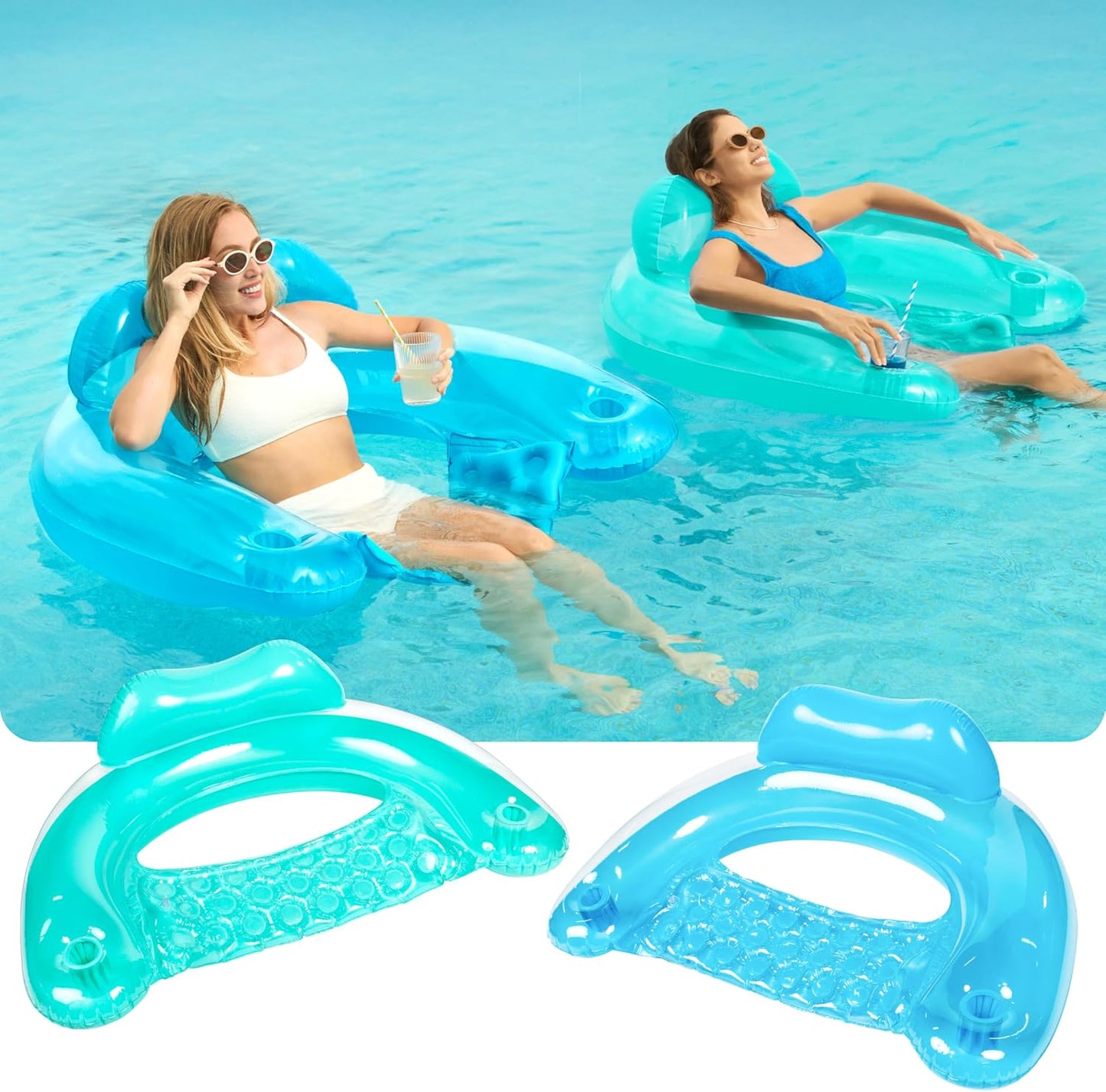 Aufblasbare Pool-Flösse mit Getränkehaltern, 2er-Set, Reine Farbe, Blau, Grün