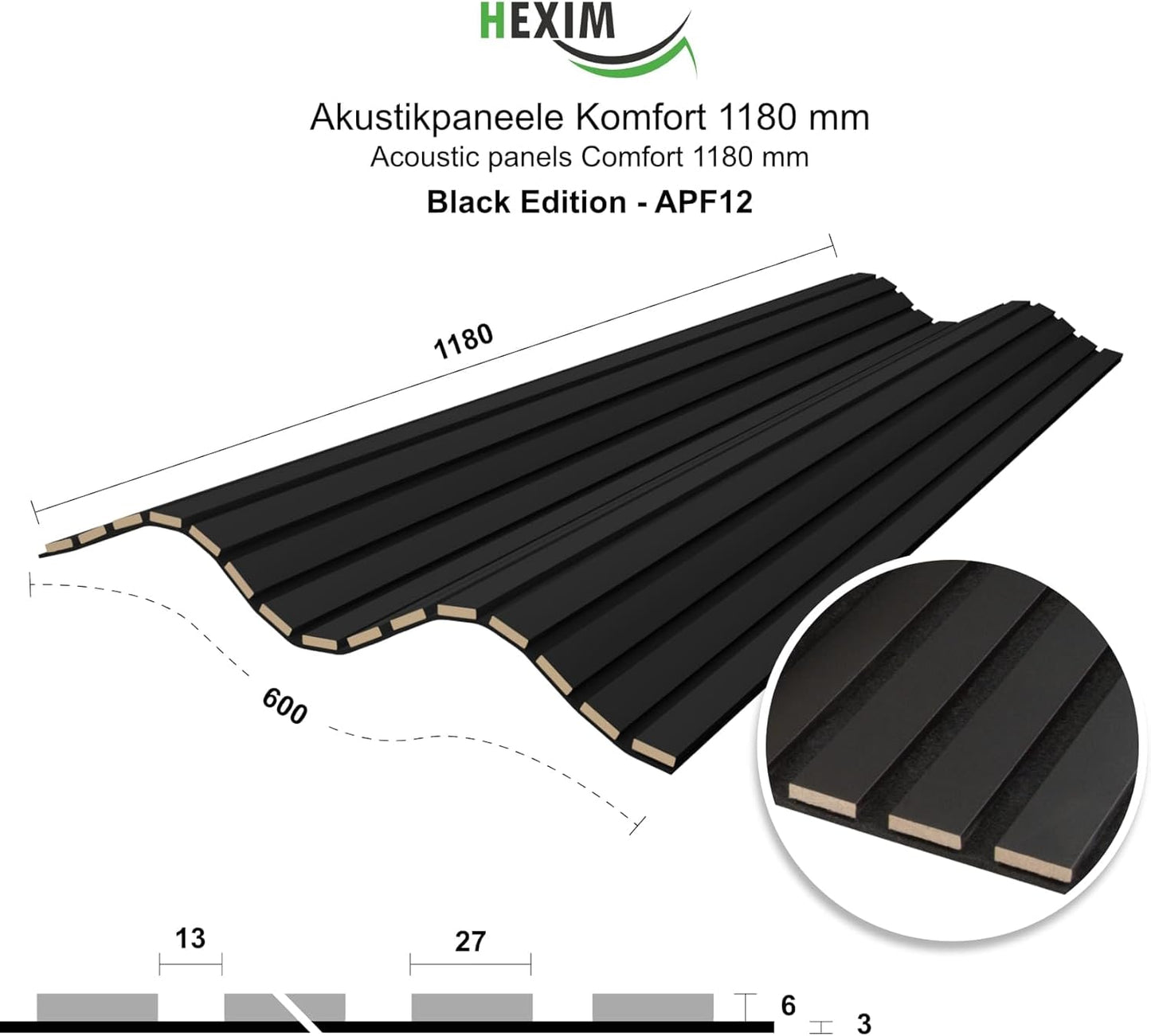 APF12 Akustikpaneele Lamellenwand, 1x 1.18 Meter - 0.708 m² Black Edition