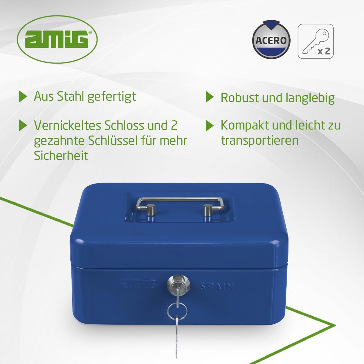 Sichere Geldkassette mit Münzfach und Schlüsseln, Blau 150 x 110 x 70 mm