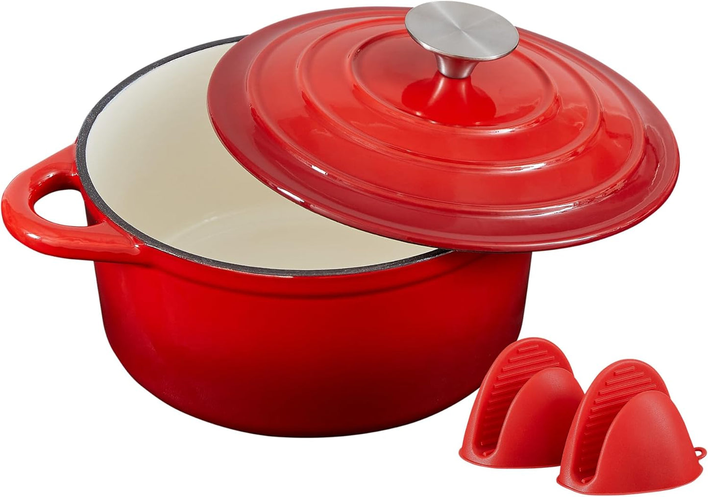 Schmortopf mit Deckel & Topflappen, 22cm/3L Rot mit cremeweiß
