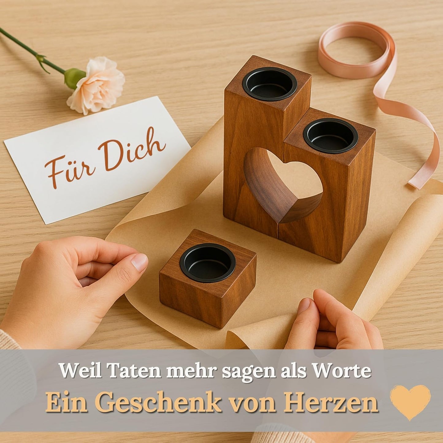 Herz Teelichthalter 3er Set aus Akazienholz, Braun