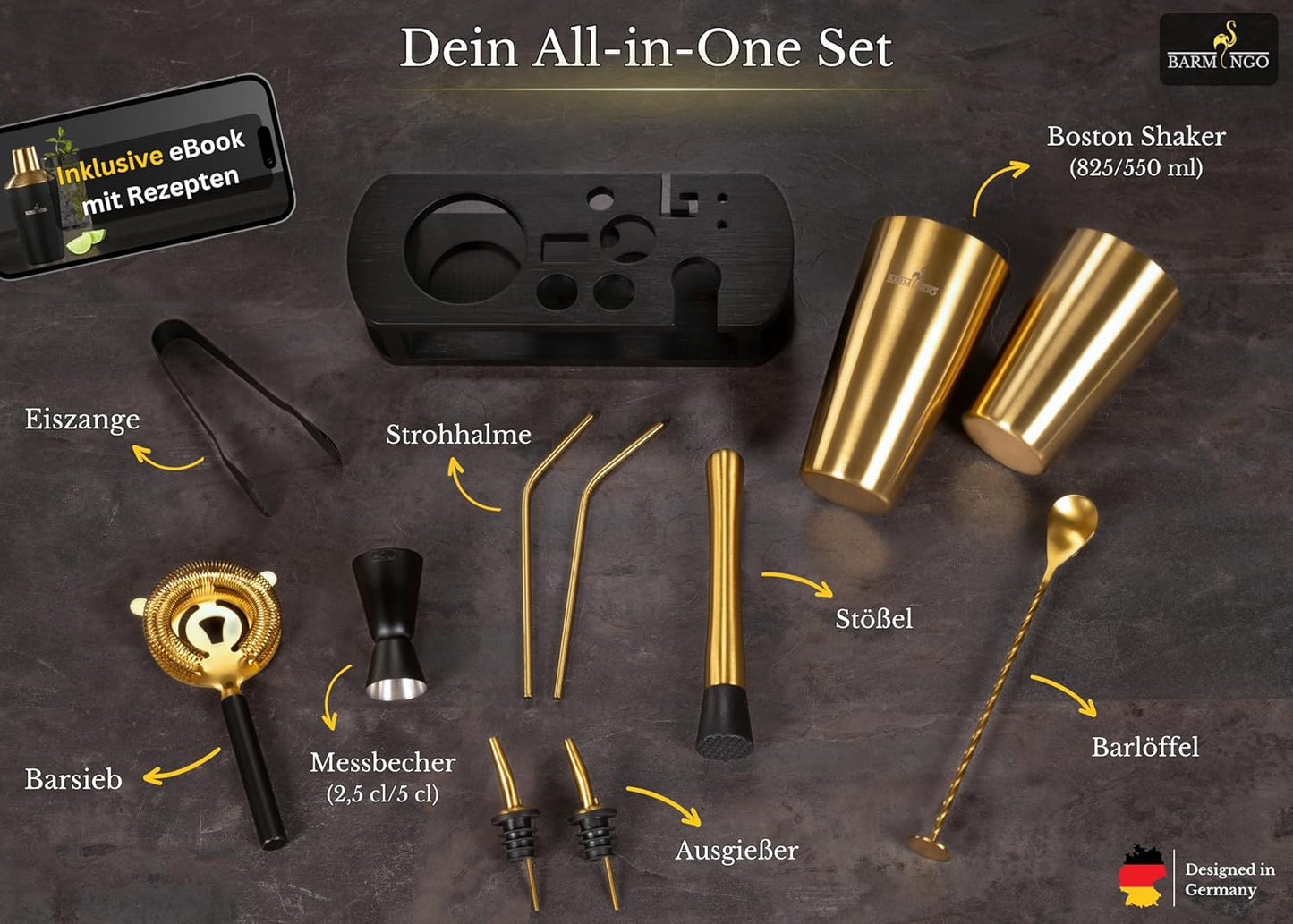 11-teiliges Cocktail-Shaker-Set, Schwarz-gold