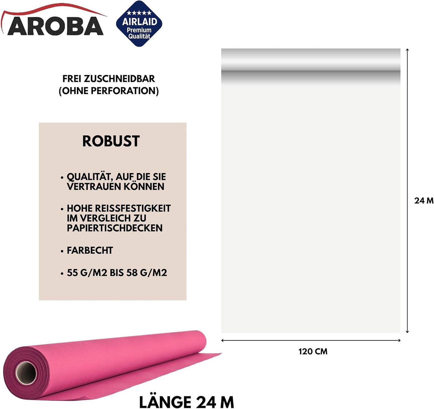 Airlaid Tischdeckenrolle 1,2 m x 24 m, 2400 cm (Rund) Fuchsia