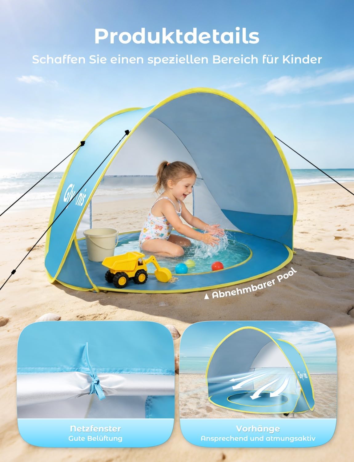 Pop-up Babystrandzelt mit UV-Schutz und Mini Pool, Babyzelt(Blau)