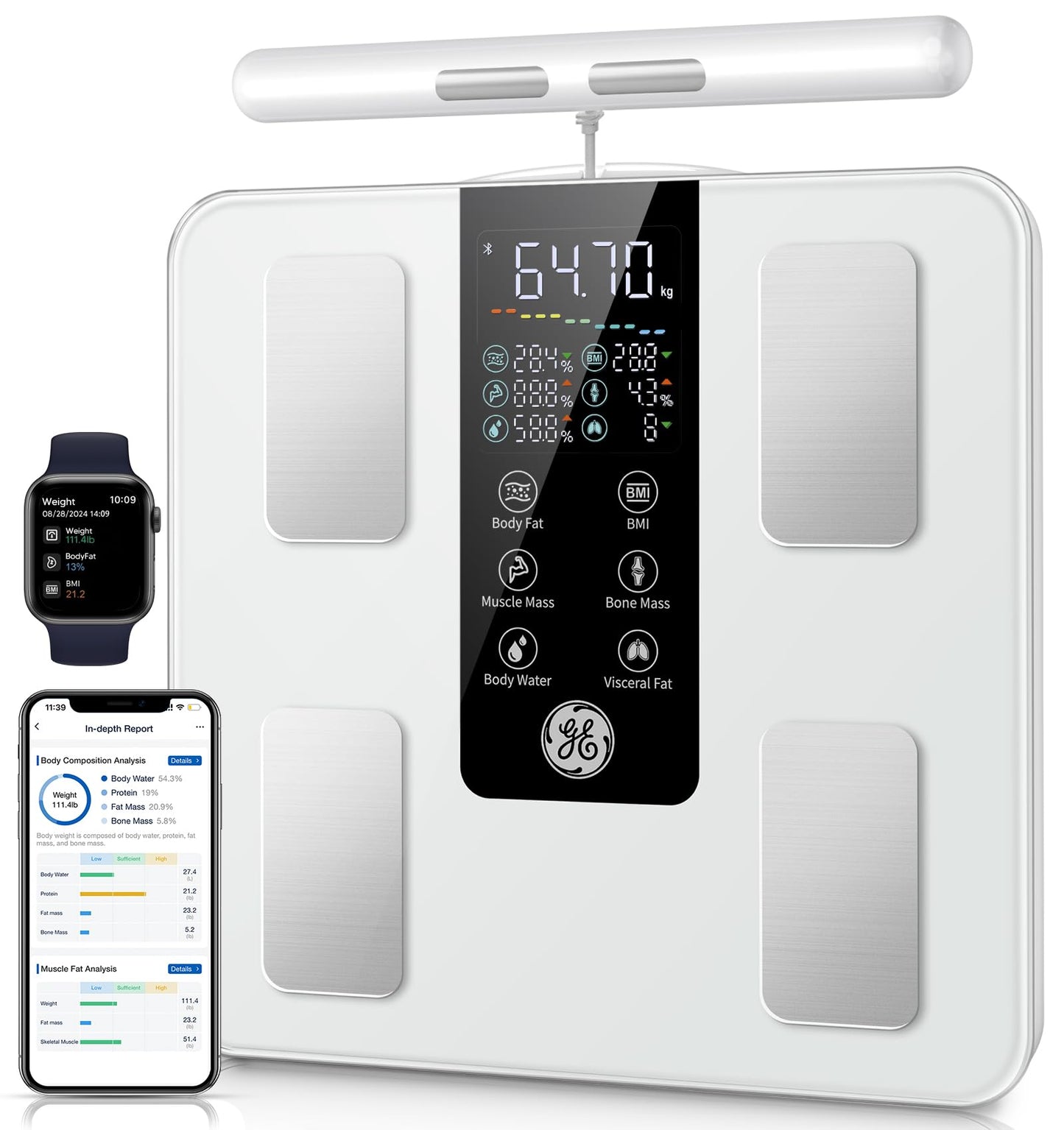 Körperfettwaage mit 8-Elektroden und Handsensoren, White