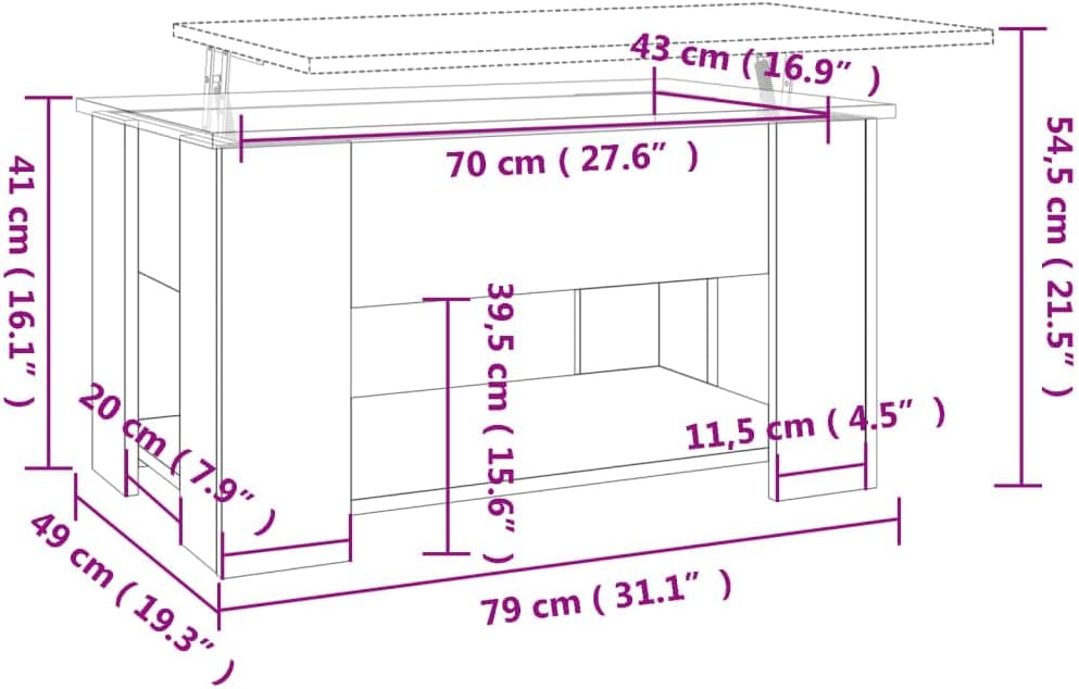 Höhenverstellbarer Couchtisch mit Stauraum, Betongrau, 79 x 49 x 42.5 cm