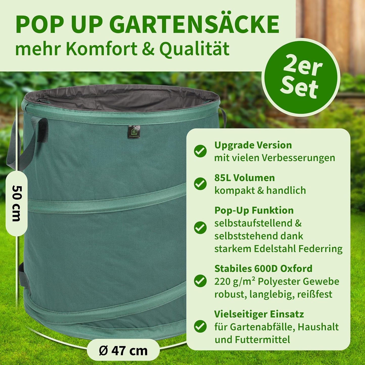 2-teiliges Pop-up Gartensack-Set, 85L Premium 2x