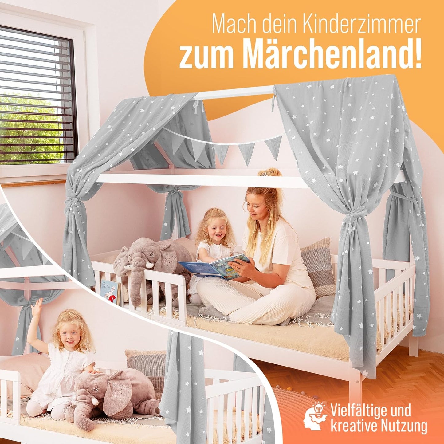 Hausbett Betthimmel-Set mit Sternendruck (3-tlg.), Hellgrau Sterne H320 x B130 cm (2er Set)