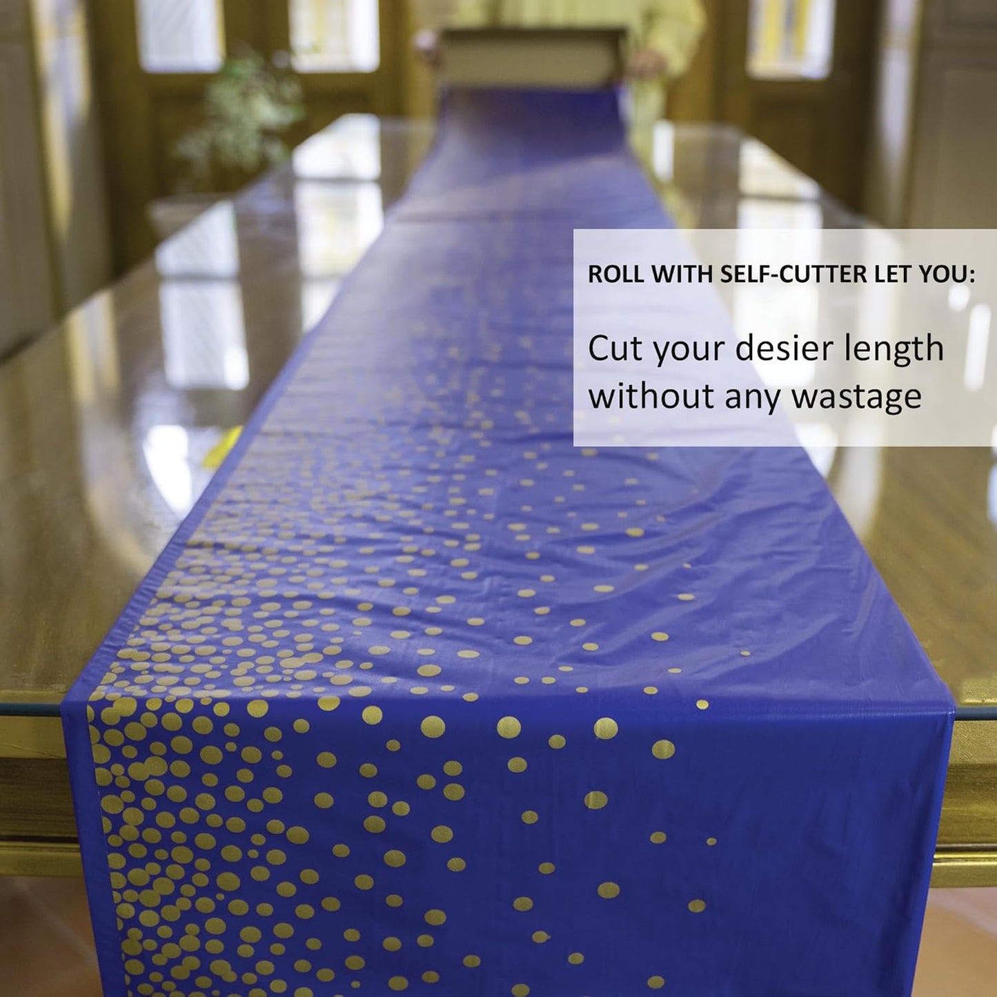 Tischtuchrolle mit Gleitschneider, Blaue Gold Punkte