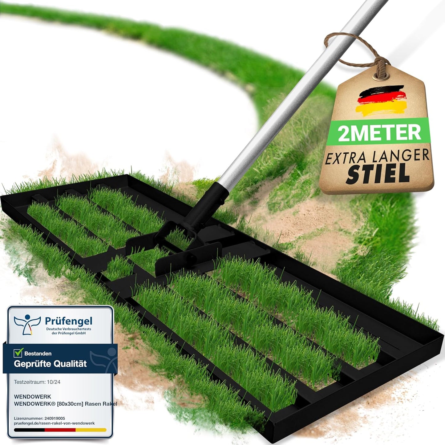Rasennivellierrechen 80x30 cm mit langem Stiel & Handschuhen, Schwarz