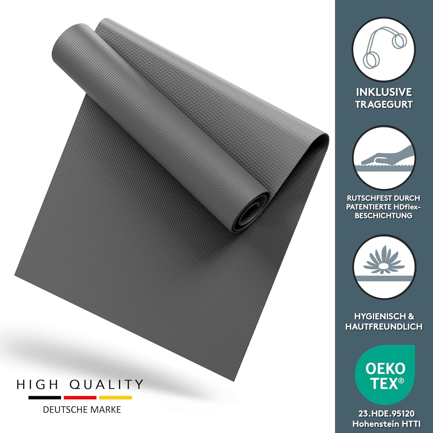 Yoga- und Gymnastikmatte mit Tragegurt, 60 x 180 cm Grau