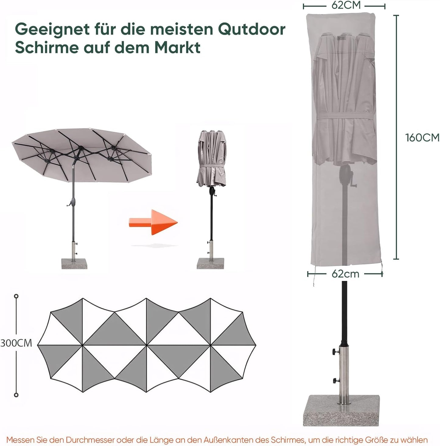 Schutzhülle für Doppelsonnenschirme, Grau|160 x 62cm